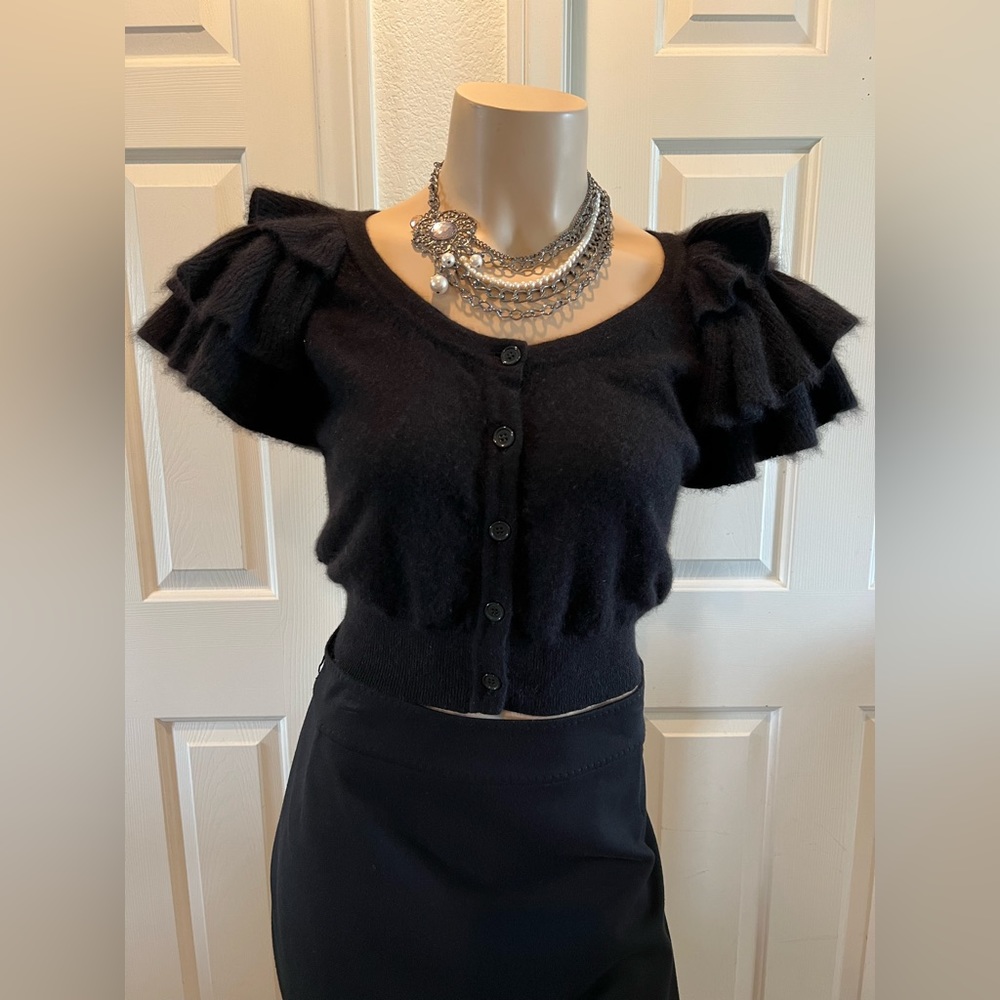 Black Angora Cropped Button Front Cardigan
